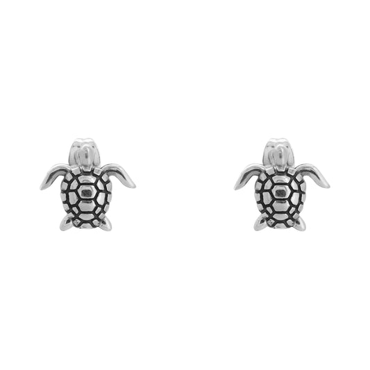 Aretes tortuga de mar mini en plata de ley acabado oxidado