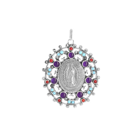 Medalla Virgen de Guadalupe en plata con piedras Amatista, Turquesa y Coral
