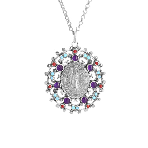 Medalla Virgen de Guadalupe en plata con piedras Amatista, Turquesa y Coral