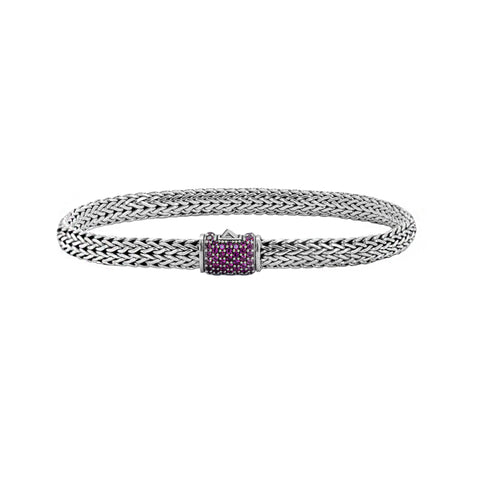 Pulsera espiga con acabado oxidado en plata de ley y zirconia rosa